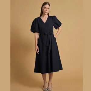 Banana Republic Dress Black Wrap Puff-Sleeve Poplin Midi NWT XS P